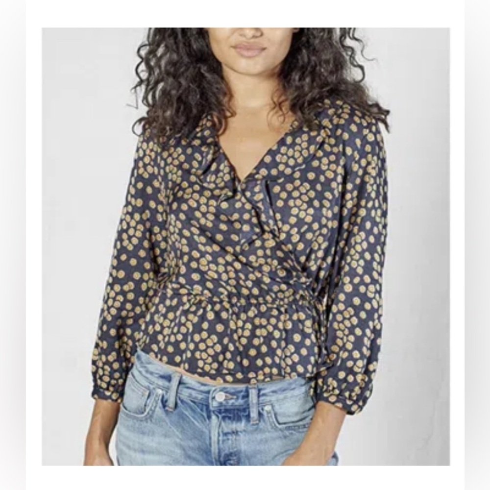 Outerknown Rhiannon Tie Wrap Top Navy Blue Floral Organic Cotton Silk Size M